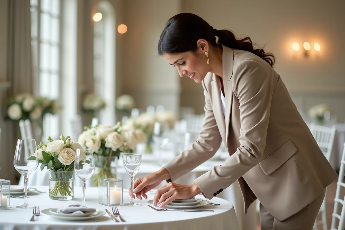 Femme organisatrice de mariage ajustant une table dans la salle