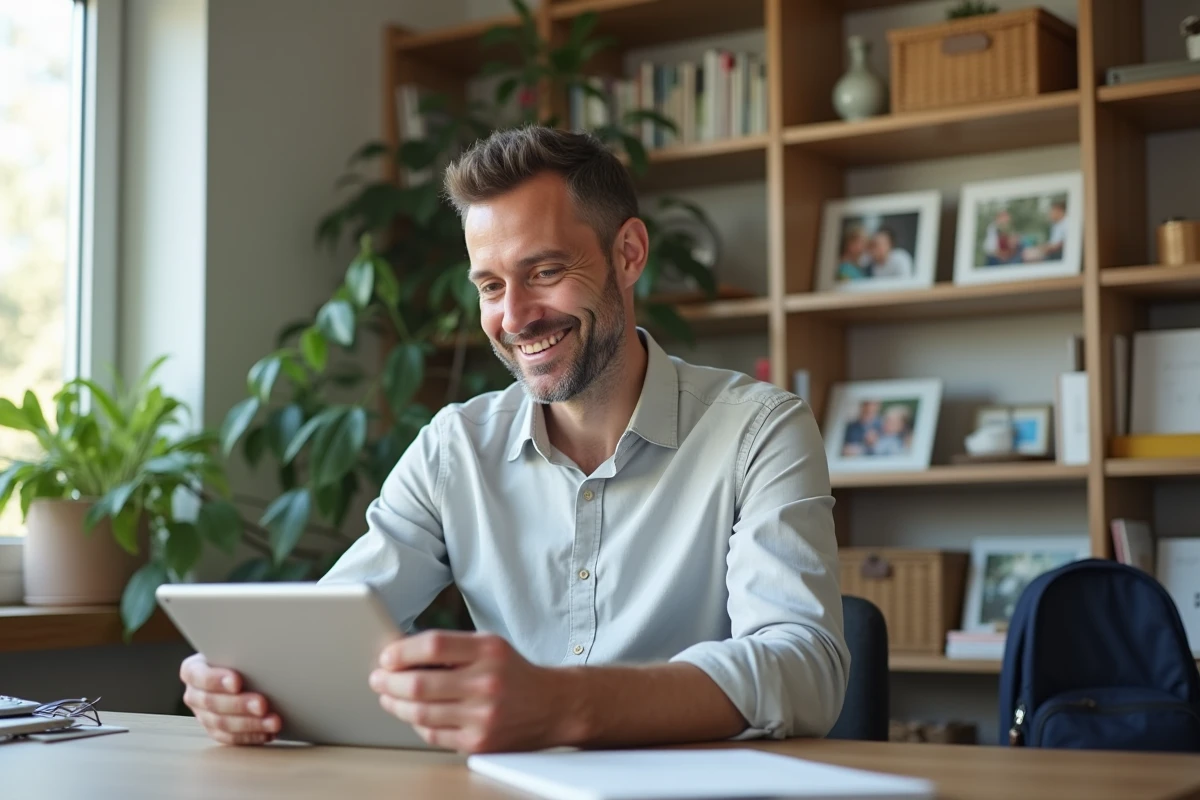 Père souriant travaillant sur une tablette dans un bureau calme