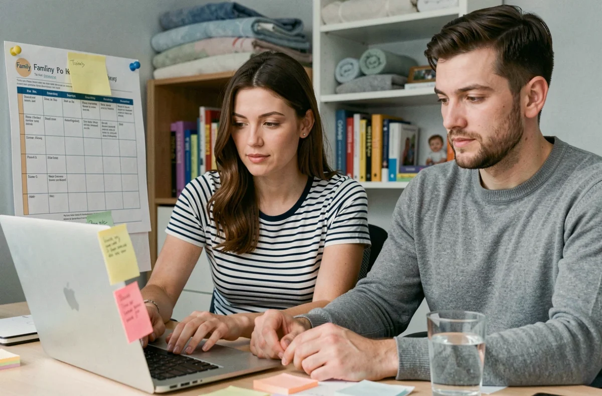 Couple de parents consultant un planning familial devant un ordinateur portable dans un bureau à la maison, organisation du quotidien