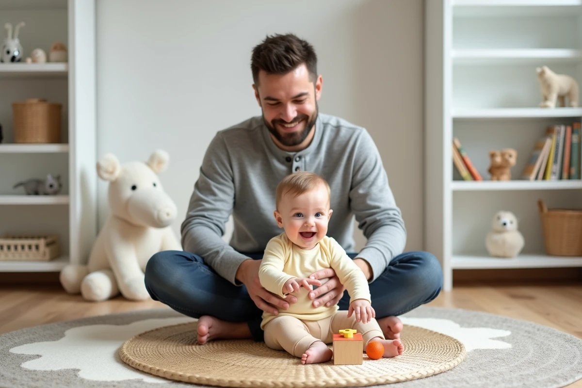 Père jouant avec son bébé de six mois sur un tapis d'éveil dans un salon lumineux et moderne