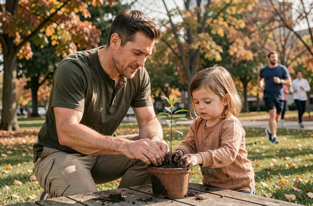 Père et fillette plantant ensemble un plant en pot dans un parc urbain, activité éducative de plein air en famille