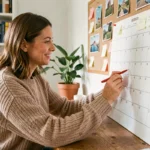 Femme planifiant ses vacances 2026 en marquant les jours fériés sur un calendrier papier dans un bureau à domicile chaleureux