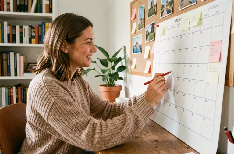 Femme planifiant ses vacances 2026 en marquant les jours fériés sur un calendrier papier dans un bureau à domicile chaleureux