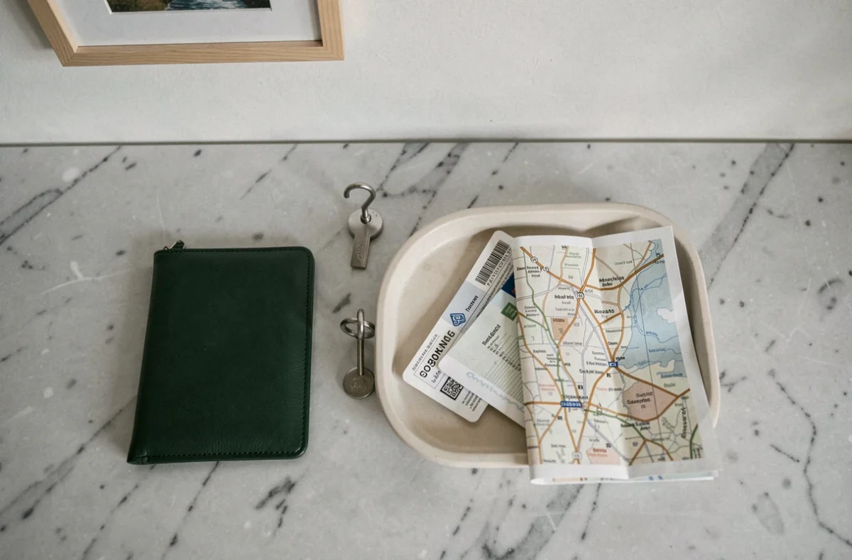 Vue à plat d'une protection anti-RFID pour passeport posée sur un plateau en marbre avec accessoires de voyage organisés