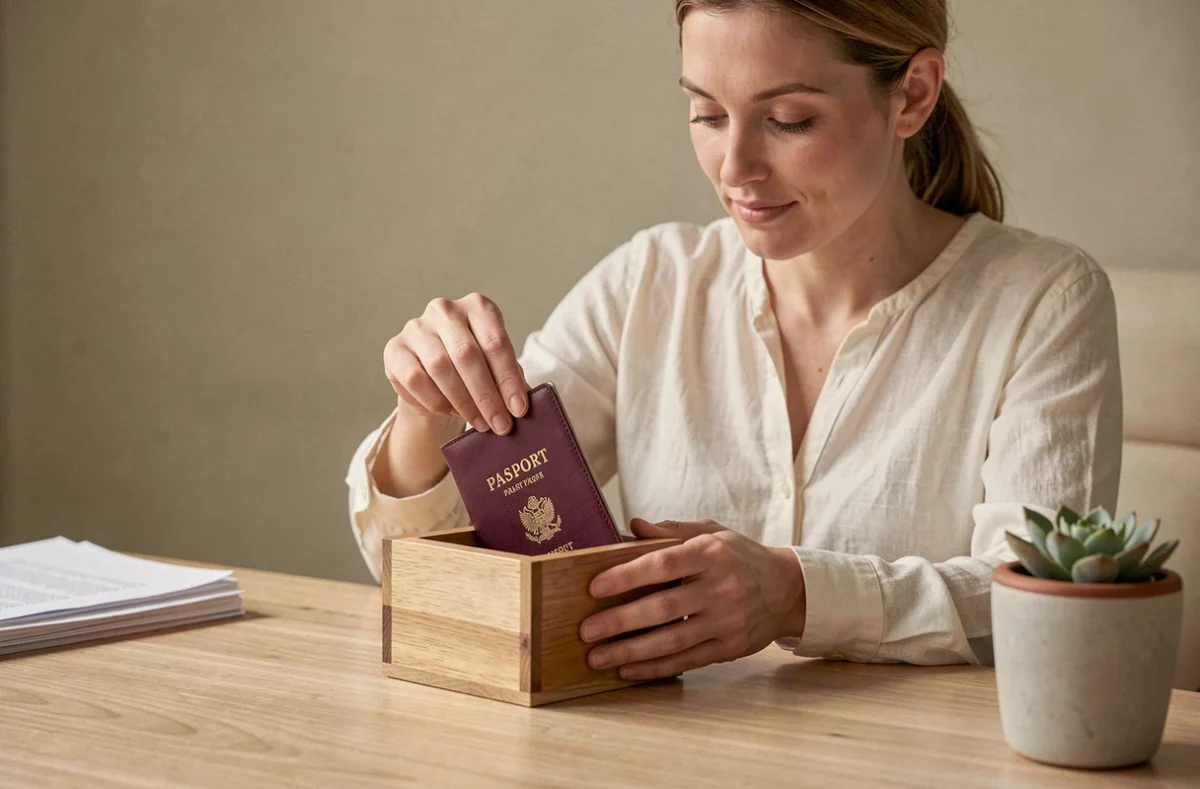 Femme rangeant son passeport dans un porte-passeport en cuir bordeaux dans un organiseur en bois sur un bureau à domicile