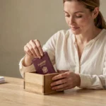 Femme rangeant son passeport dans un porte-passeport en cuir bordeaux dans un organiseur en bois sur un bureau à domicile