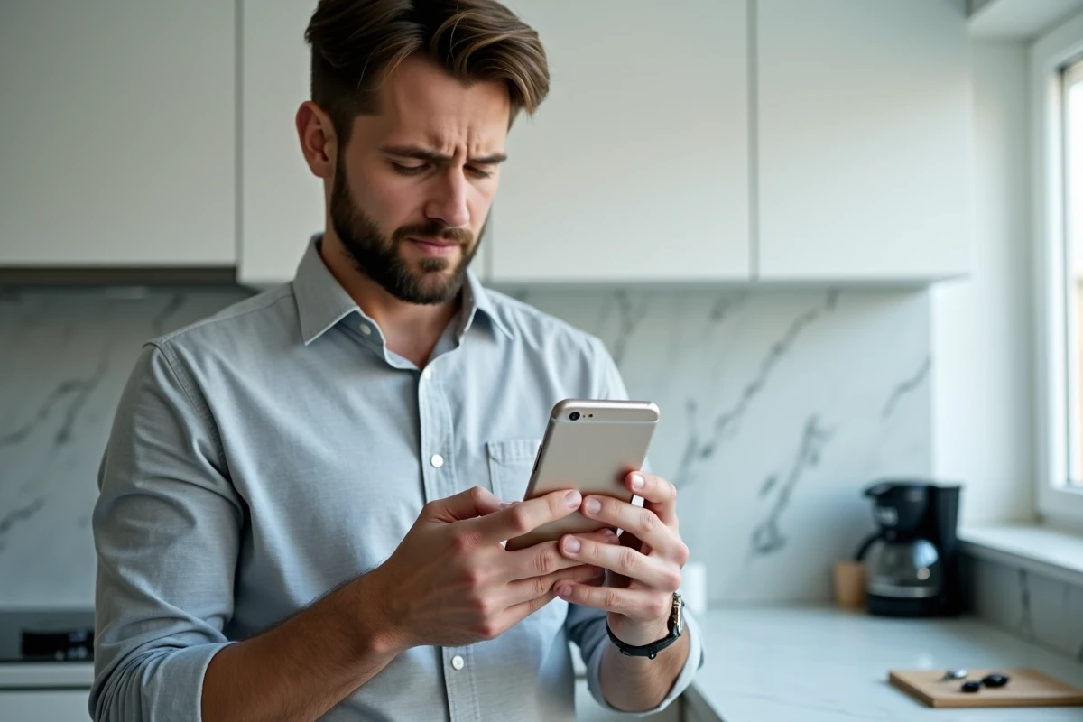 Homme consultant son smartphone avec un refus de compte AL'in affiché sur une application bancaire, dans une cuisine moderne