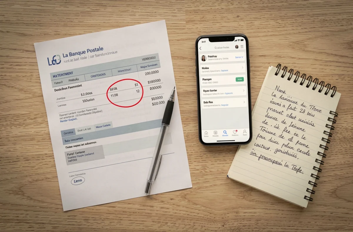 Vue aérienne d'un relevé bancaire La Banque Postale avec un virement débit non identifié entouré au stylo sur un bureau en bois