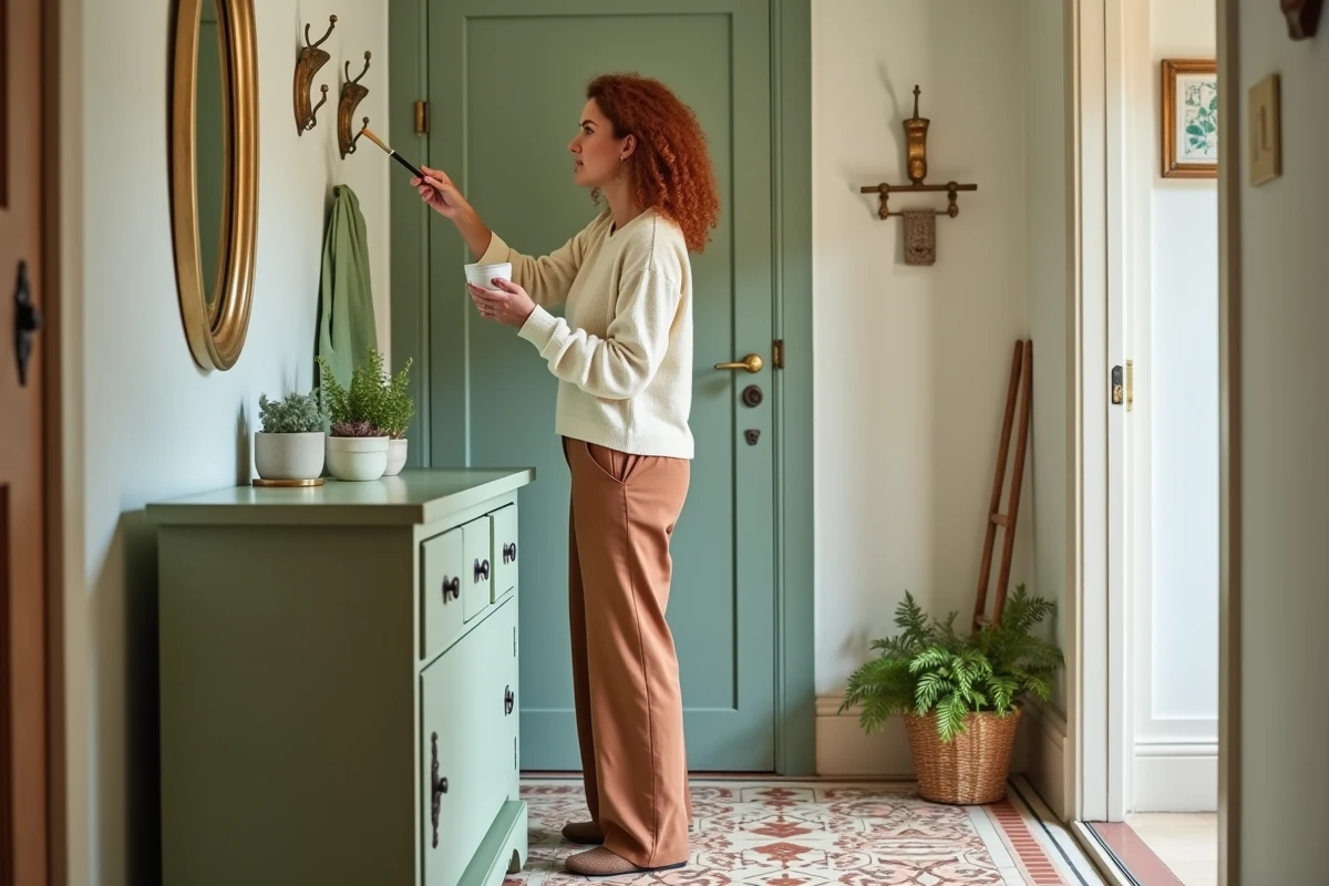 Femme peignant un meuble en bois recyclé en vert sauge dans un couloir d'entrée décoré avec des carreaux de ciment et des accessoires vintage