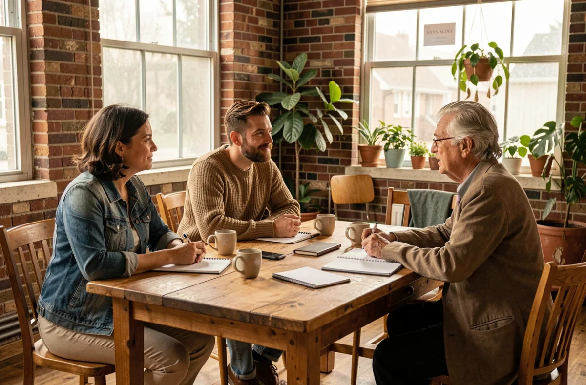 Groupe d'adultes en conversation bienveillante autour d'une table dans un espace communautaire, représentant le soutien social comme pilier de la résilience