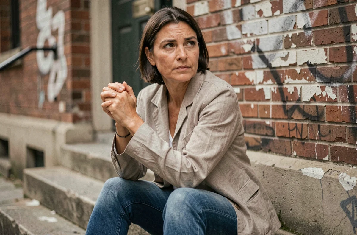 Femme contemplative assise sur des marches urbaines, symbolisant la résilience et la capacité à surmonter les épreuves