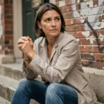 Femme contemplative assise sur des marches urbaines, symbolisant la résilience et la capacité à surmonter les épreuves