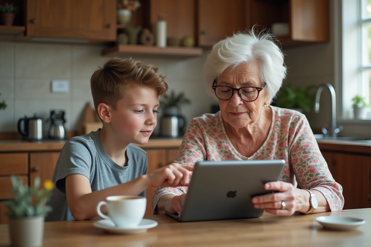 Grand-mère aidée par son petit-fils pour effectuer ses démarches administratives en ligne sur une tablette numérique dans la cuisine familiale