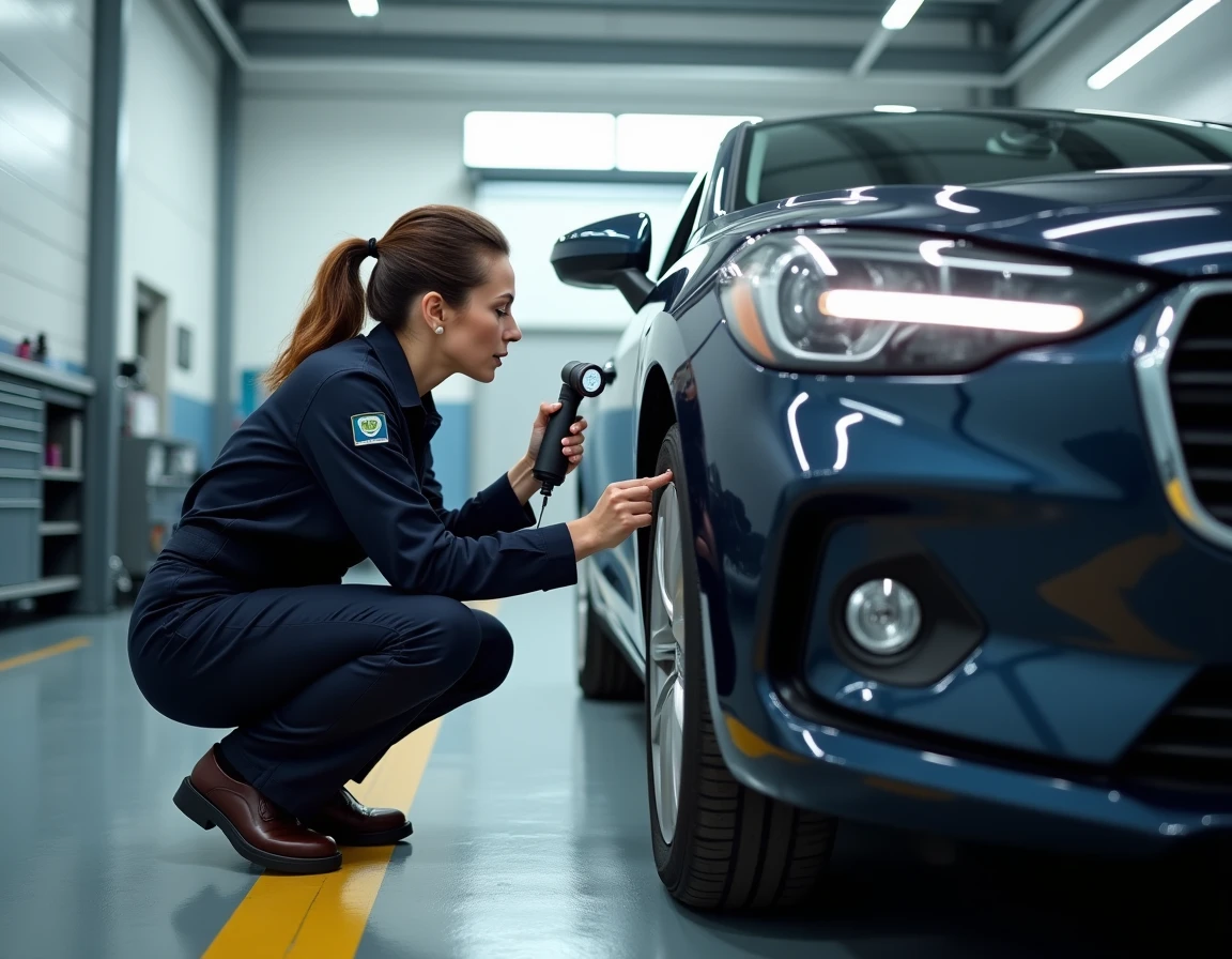 Technicienne automobile inspectant le numéro de châssis d'une voiture étrangère lors d'un contrôle au centre des mines en France
