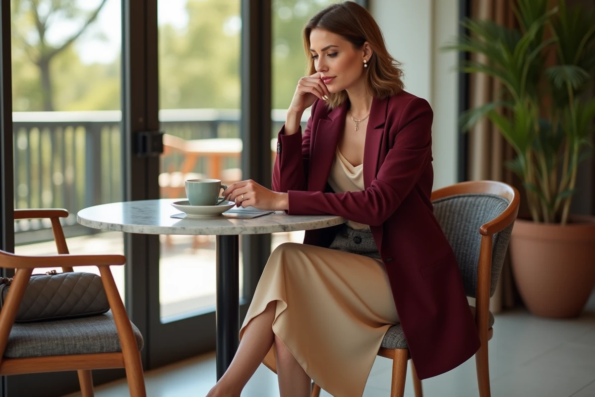 Femme sophistiquée en blazer bordeaux et jupe satin assise en terrasse de café, look mode tendance automne hiver, style éditorial