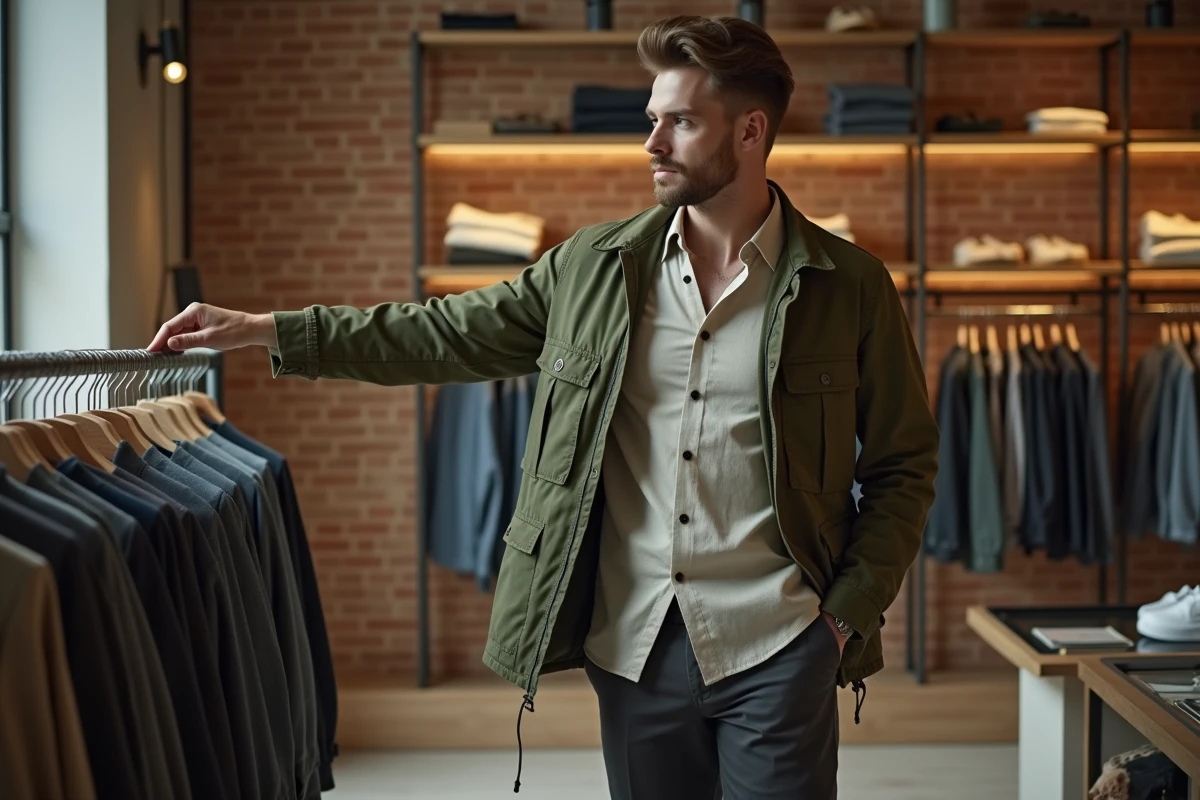 Homme en veste utilitaire verte feuilletant des vêtements dans un concept store moderne aux murs en briques, tendances mode masculine saison