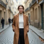 Femme élégante portant un manteau camel et un col roulé blanc dans une rue pavée parisienne en automne, style mode tendance saison