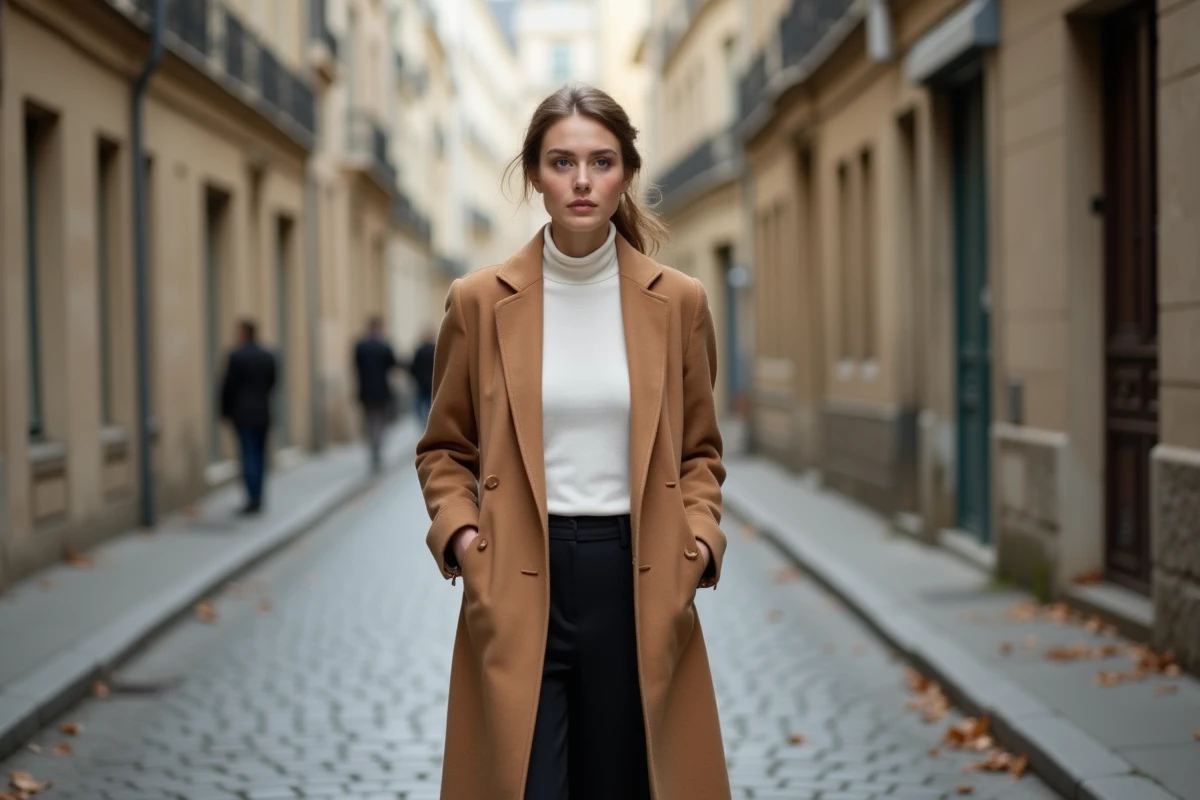 Femme élégante portant un manteau camel et un col roulé blanc dans une rue pavée parisienne en automne, style mode tendance saison
