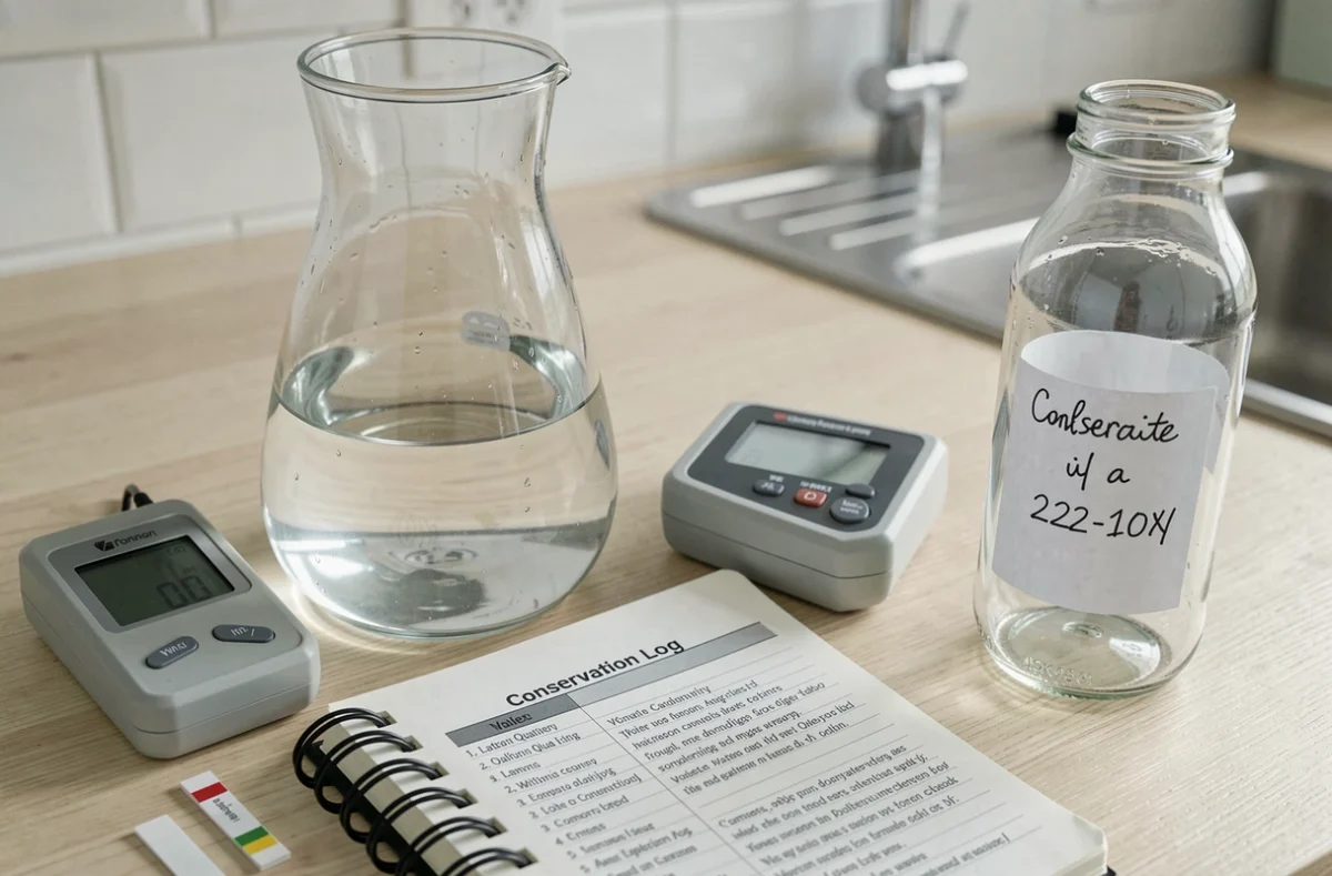 Kit de test de qualité de l'eau de pluie avec carafe en verre, bandelettes de mesure et carnet de conservation sur plan de travail