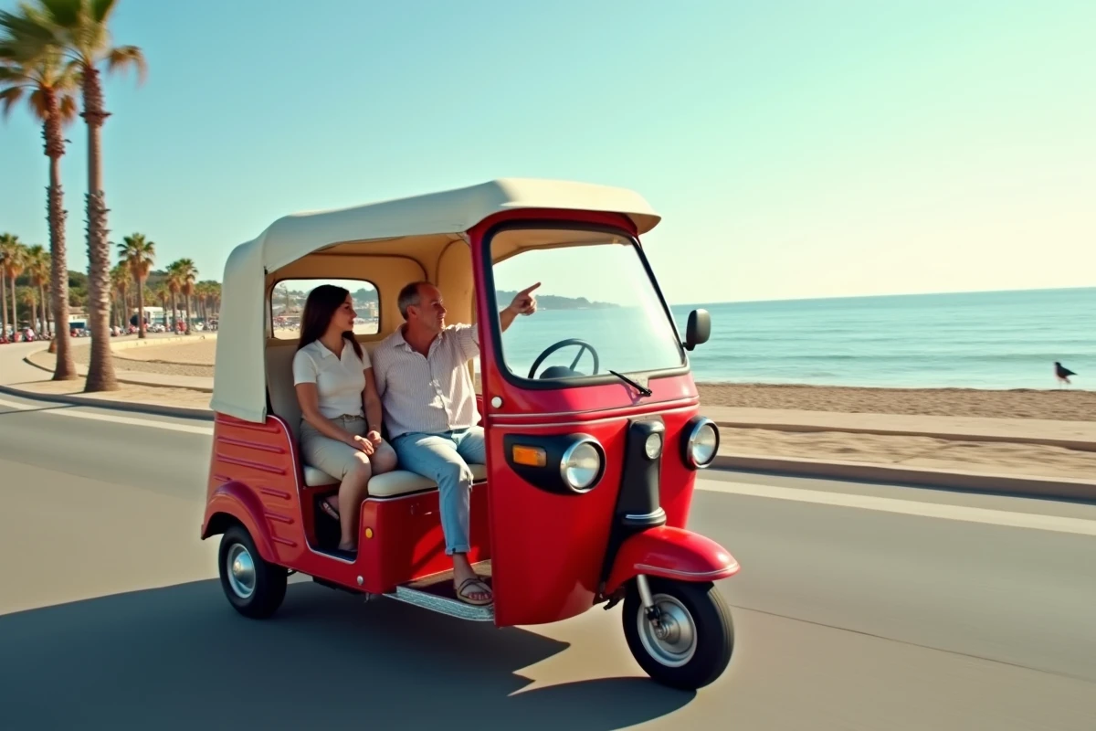 Tuk tuk transportant des touristes le long d'une promenade côtière française au bord de la mer Méditerranée