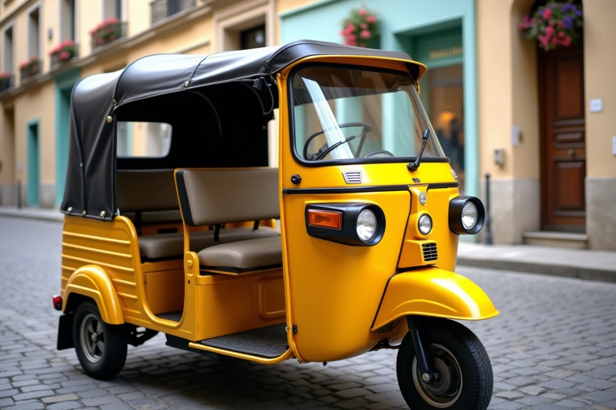 Tuk tuk jaune garé dans une rue pavée d'une ville de province française avec des façades colorées en arrière-plan